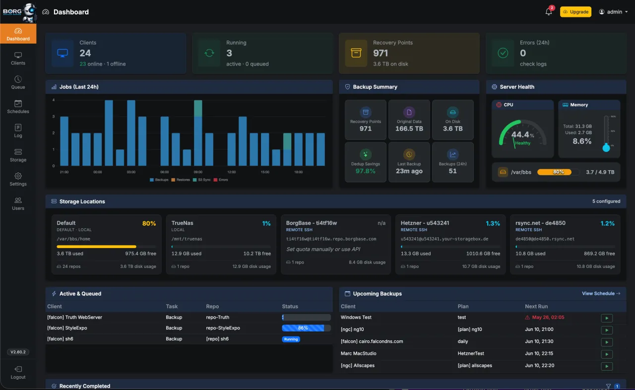 Borg Backup Server Dashboard View